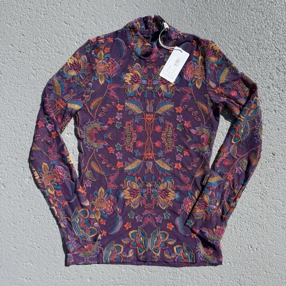 Johnny Was Jade Rebecca Mesh Mock Neck Long Sleeve Tee Purple XS -TINY DEFECT